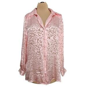 Jessica Holbrook Blouse Pastel Pink Burnout Silk Long Sleeve Shoulder Pads Small